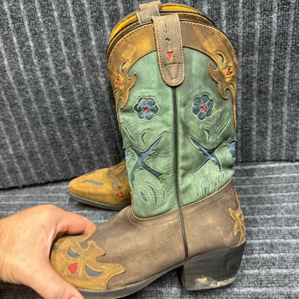Danpost Western Cowboy Boots 5.5D Brown Green Floral Embroidery DPC-3151 Good